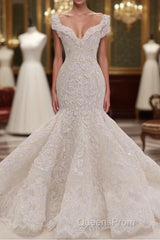 Gorgeous Long Mermaid V-neck Appliques Lace Ruffles Wedding Dress