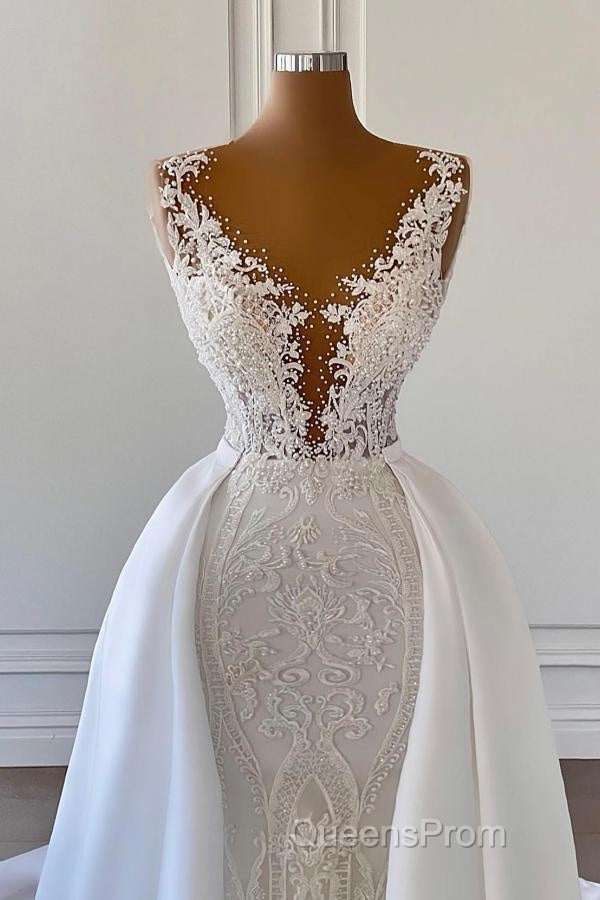 Gorgeous Long Mermaid V-neck Lace Wedding Dress with Satin Detachable Train