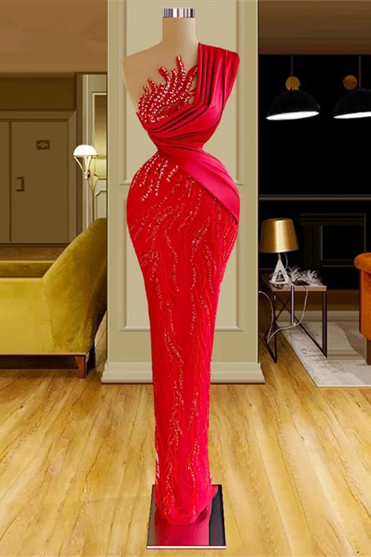 Gorgeous Long Red Mermaid One Shoulder Lace Sequined Sleeveless Prom Dress Main image