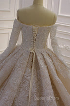Gorgeous Long Sleeve Off the Shoulder Appliques Lace Ball Gown Wedding Dress