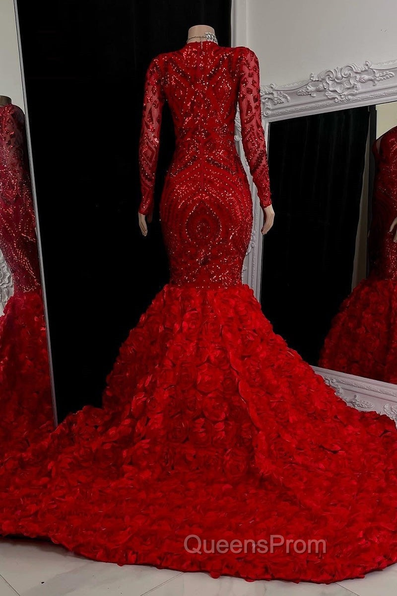 Gorgeous Long Sleeves Sequins Evening Prom Dress Mermaid V-Neck With Flowers Bottom Secondary image