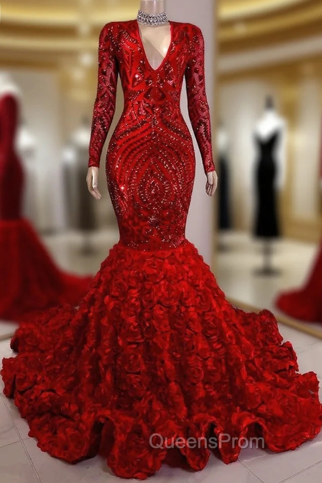 Gorgeous Long Sleeves Sequins Evening Prom Dress Mermaid V-Neck With Flowers Bottom Main image