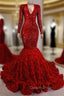 Gorgeous Long Sleeves Sequins Evening Prom Dress Mermaid V-Neck With Flowers Bottom