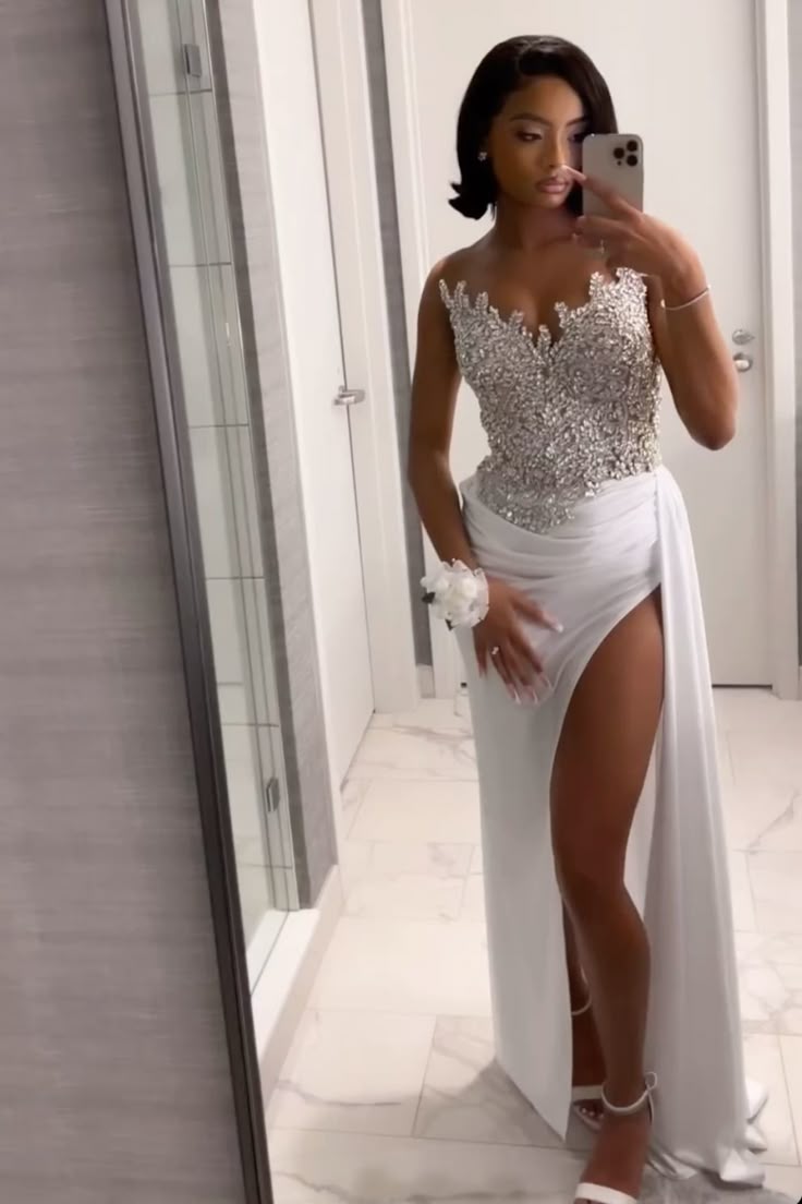 Gorgeous Long White A-Line Classy Prom Dress With Slit