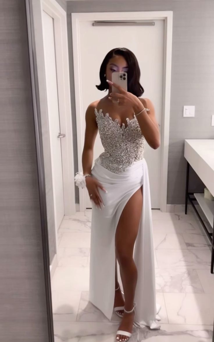 Gorgeous Long White A-Line Classy Prom Dress With Slit Main image