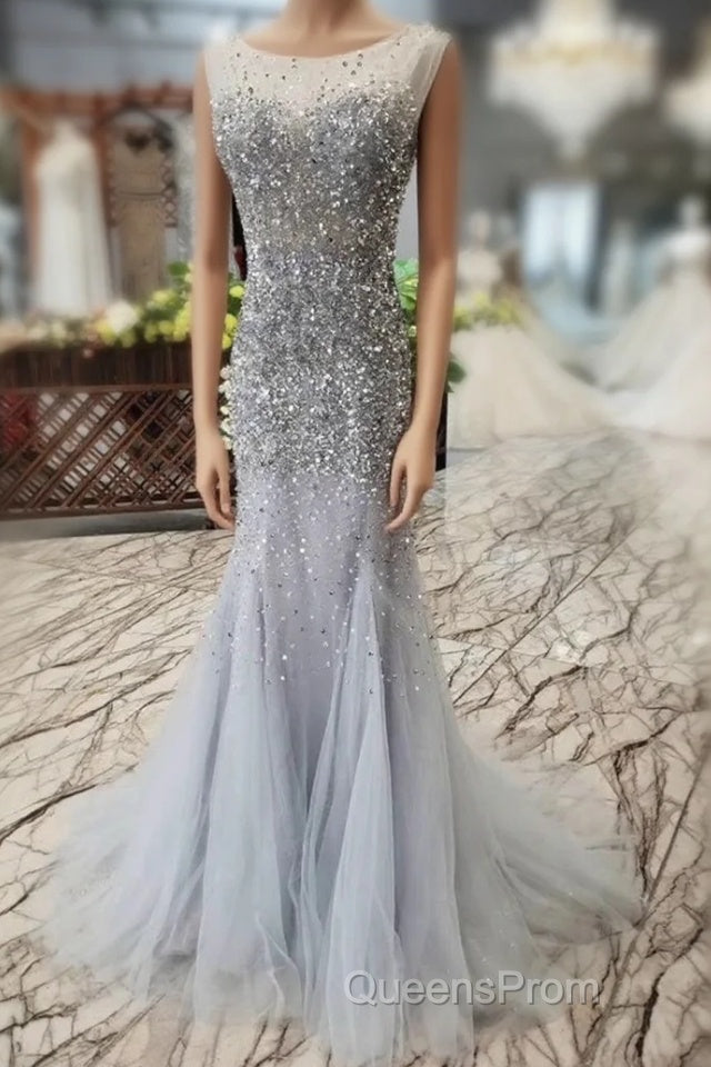 Gorgeous Mermaid Backless Silver Grey Sequins Evening Prom Dress, Mermaid Silver Grey Formal Dress, Shiny Silver Grey Evening Dress