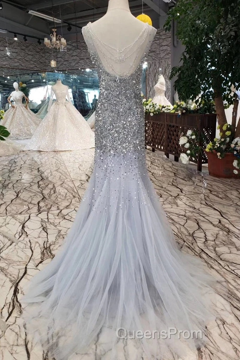 Gorgeous Mermaid Backless Silver Grey Sequins Evening Prom Dress, Mermaid Silver Grey Formal Dress, Shiny Silver Grey Evening Dress