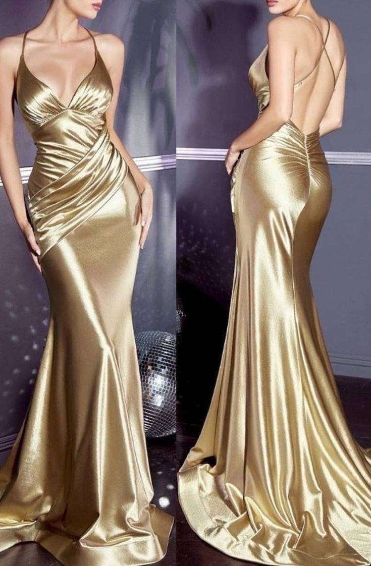 Gorgeous Mermaid Halter Floor Length Gold Satin Classy Evening Dress Classy Prom Dress