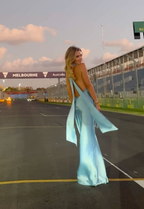 Gorgeous Mermaid Halter Satin Long Party Dress Blue Backless Classy Prom Dress