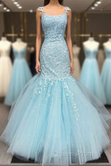 Gorgeous Mermaid Light Blue Lace Long Evening Prom Dress, Light Blue Mermaid Lace Formal Dress, Mermaid Lace Evening Dress