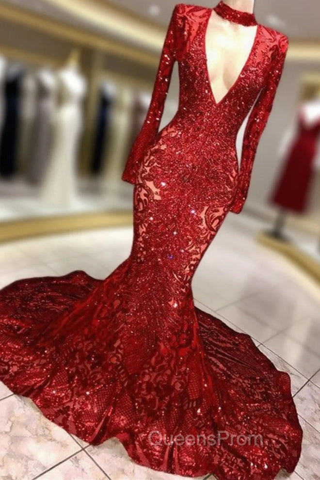 Gorgeous Mermaid Long Sleevess Deep V-neck Lace Applique Evening Prom Dress Main image