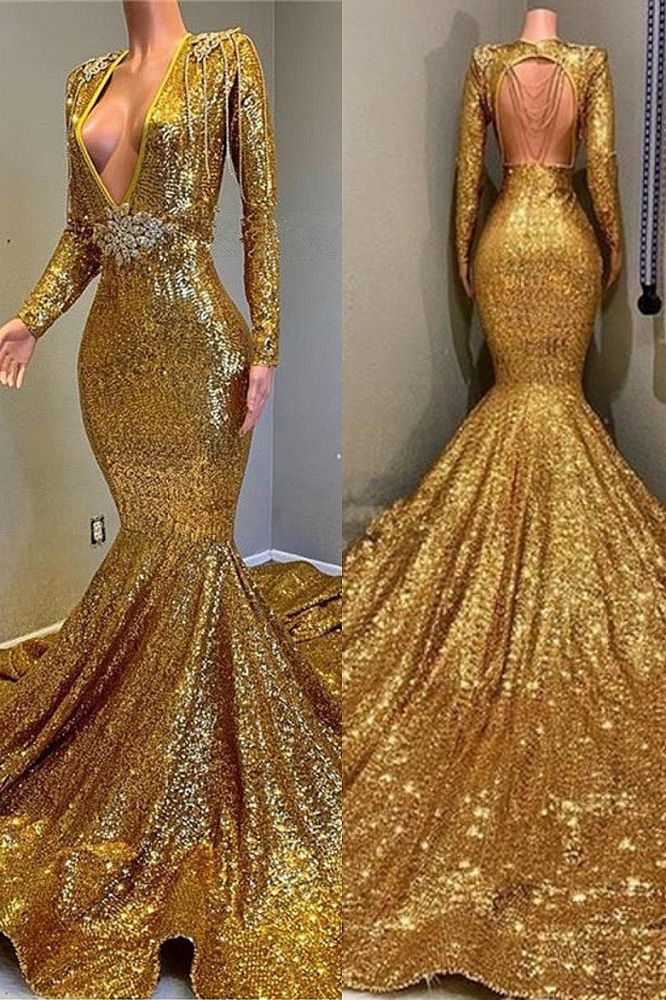 Gorgeous Mermaid Sequins Long Sleevess Floor Length Prom Dresses