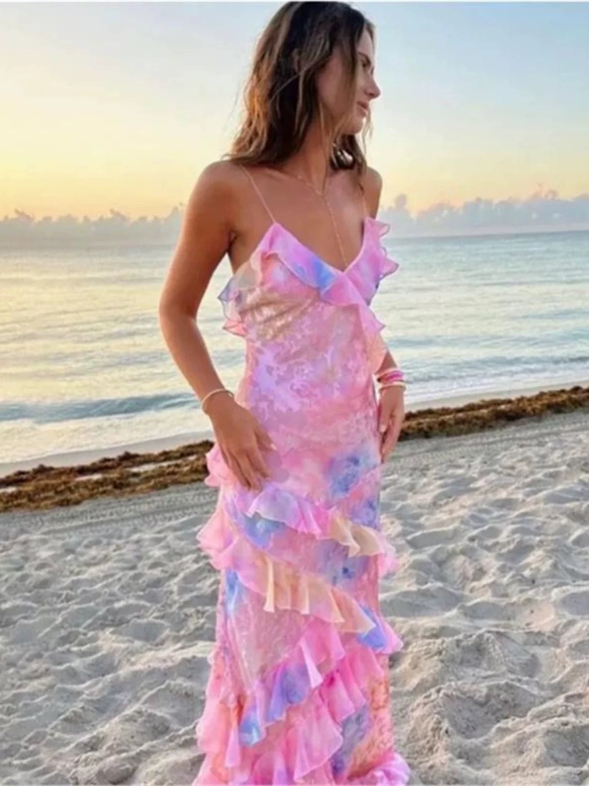 Gorgeous Mermaid Spaghetti Straps Floor Length Floral Yellow Chiffon Classy Evening Dress Classy Prom Dress