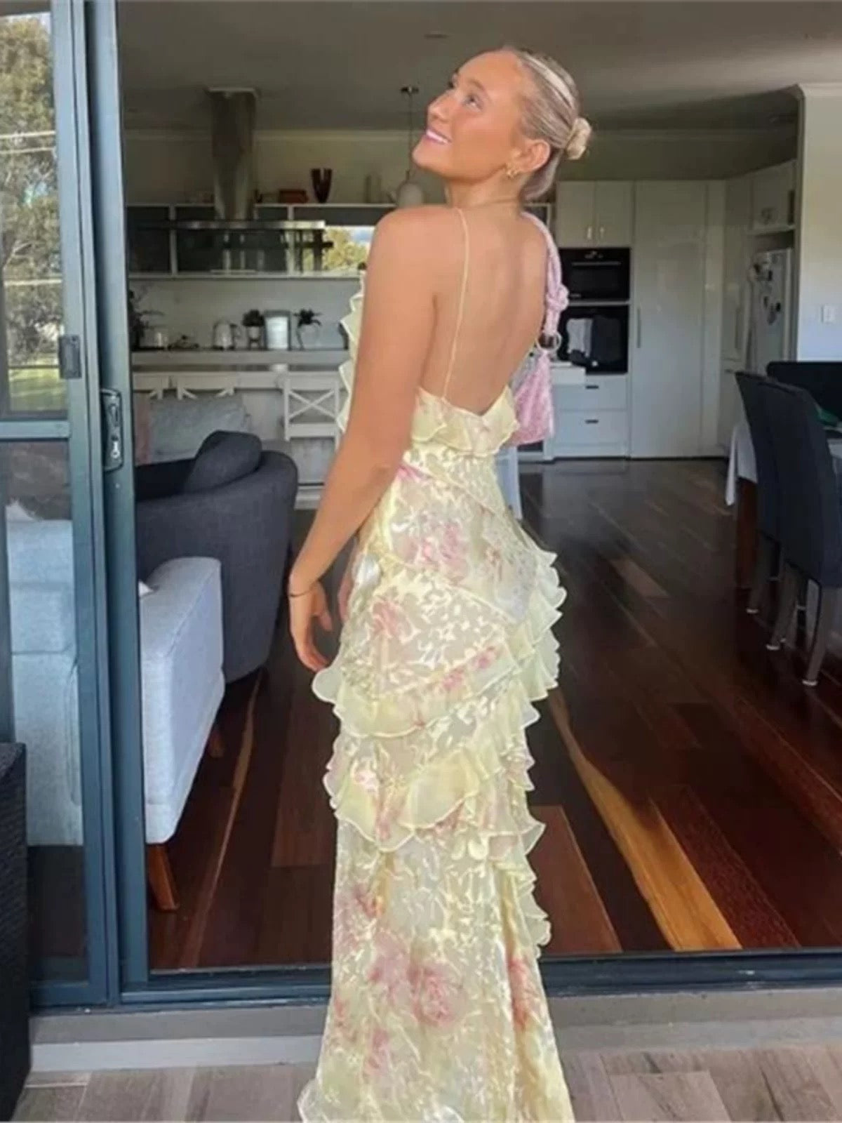 Gorgeous Mermaid Spaghetti Straps Floor Length Floral Yellow Chiffon Classy Evening Dress Classy Prom Dress