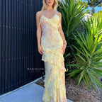 Gorgeous Mermaid Spaghetti Straps Floor Length Floral Yellow Chiffon Classy Evening Dress Classy Prom Dress