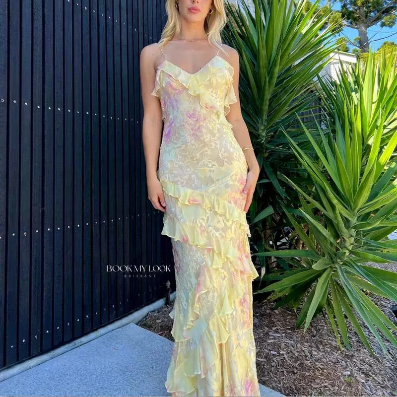 Gorgeous Mermaid Spaghetti Straps Floor Length Floral Yellow Chiffon Classy Evening Dress Classy Prom Dress