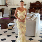 Gorgeous Mermaid Spaghetti Straps Floor Length Floral Yellow Chiffon Classy Evening Dress Classy Prom Dress