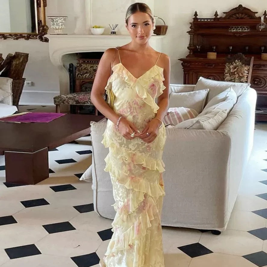 Gorgeous Mermaid Spaghetti Straps Floor Length Floral Yellow Chiffon Classy Evening Dress Classy Prom Dress