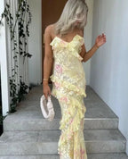 Gorgeous Mermaid Spaghetti Straps Floor Length Floral Yellow Chiffon Classy Evening Dress Classy Prom Dress