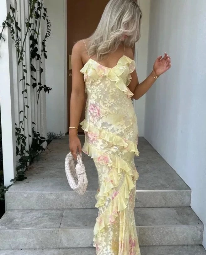 Gorgeous Mermaid Spaghetti Straps Floor Length Floral Yellow Chiffon Classy Evening Dress Classy Prom Dress