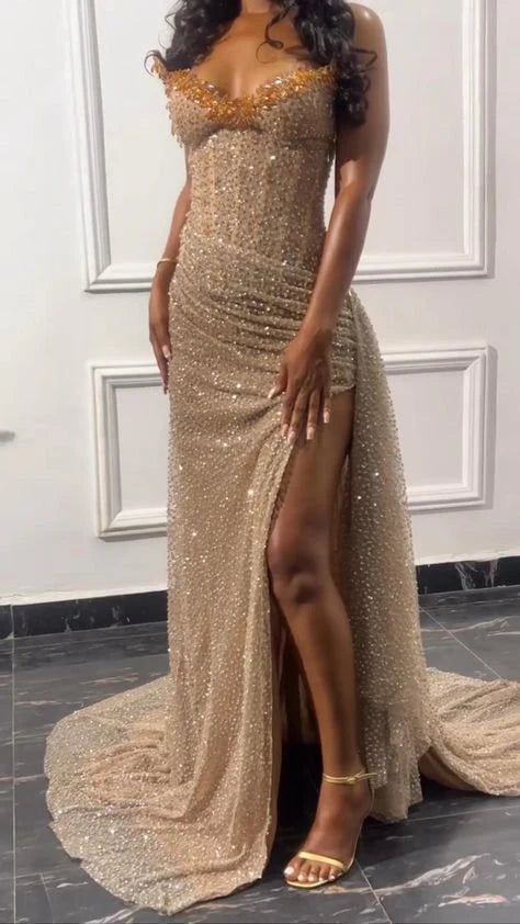Gorgeous Mermaid Spaghetti Straps Floor Length Sequin Slit Evening Dress Prom Dresses Main image