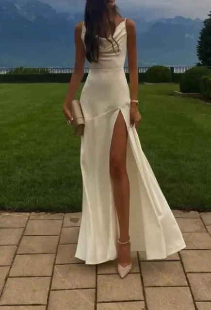 Gorgeous Mermaid Spaghetti Straps Floor-Length White Slit Classy Evening Dress Classy Prom Dress