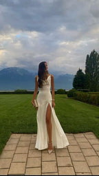 Gorgeous Mermaid Spaghetti Straps Floor-Length White Slit Classy Evening Dress Classy Prom Dress