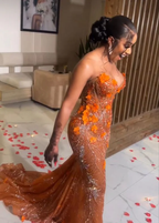 Gorgeous Mermaid Strapless Floor Length Orange Lace Sequin Classy Evening Dress Classy Prom Dress