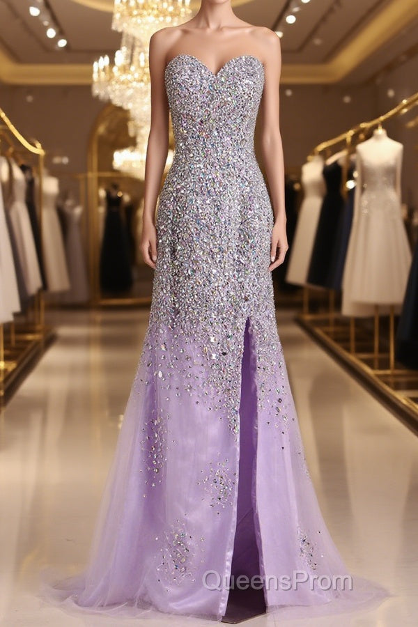 Gorgeous Mermaid Strapless Purple Beaded Long Evening Prom Dress, Mermaid Purple Beaded Formal Evening Dress, Purple Ball Gown Main image