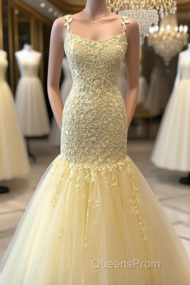 Gorgeous Mermaid Yellow Lace Long Evening Prom Dress, Mermaid Yellow Formal Dress, Yellow Lace Evening Dress Main image