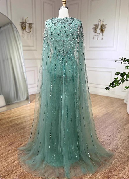 Gorgeous Mint Green Deep V Cape Beaded Sequin Tulle Long Classy Prom Dress