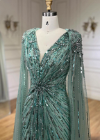 Gorgeous Mint Green Deep V Cape Beaded Sequin Tulle Long Classy Prom Dress