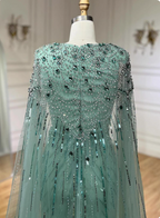 Gorgeous Mint Green Deep V Cape Beaded Sequin Tulle Long Classy Prom Dress