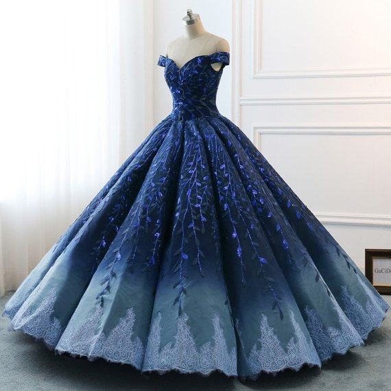 Gorgeous Navy Blue Lace Applique Off Shoulder A-line Ball Gown-Lace-Up Princess Classy Prom Dress