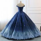 Gorgeous Navy Blue Lace Applique Off Shoulder A-line Ball Gown-Lace-Up Princess Classy Prom Dress