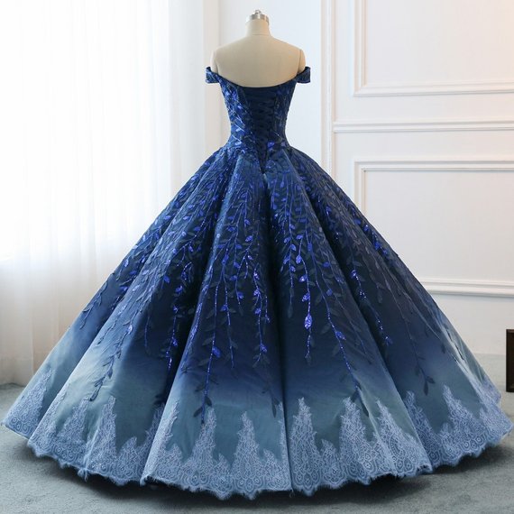 Gorgeous Navy Blue Lace Applique Off Shoulder A-line Ball Gown-Lace-Up Princess Classy Prom Dress