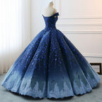 Gorgeous Navy Blue Lace Applique Off Shoulder A-line Ball Gown-Lace-Up Princess Classy Prom Dress