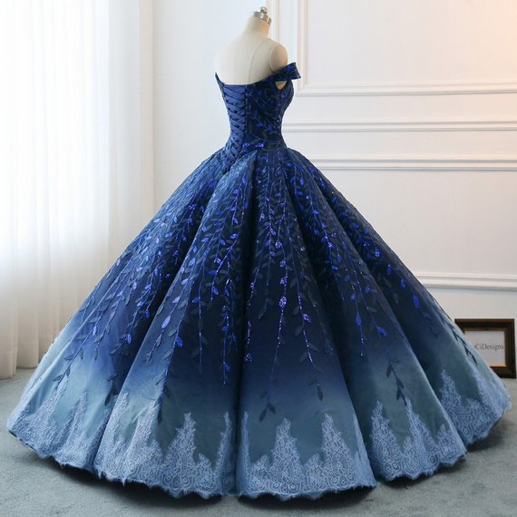 Gorgeous Navy Blue Lace Applique Off Shoulder A-line Ball Gown-Lace-Up Princess Classy Prom Dress