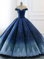 Gorgeous Navy Blue Lace Applique Off Shoulder A-line Ball Gown-Lace-Up Princess Classy Prom Dress