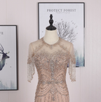 Gorgeous Nude Pink Mermaid Crew Neck Fringed Sleeve Beaded Tulle Train Classy Prom Dress