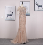 Gorgeous Nude Pink Mermaid Crew Neck Fringed Sleeve Beaded Tulle Train Classy Prom Dress