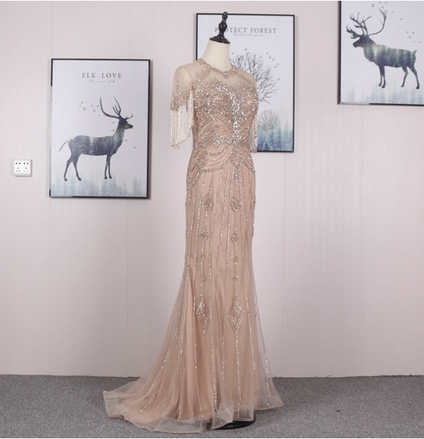 Gorgeous Nude Pink Mermaid Crew Neck Fringed Sleeve Beaded Tulle Train Classy Prom Dress