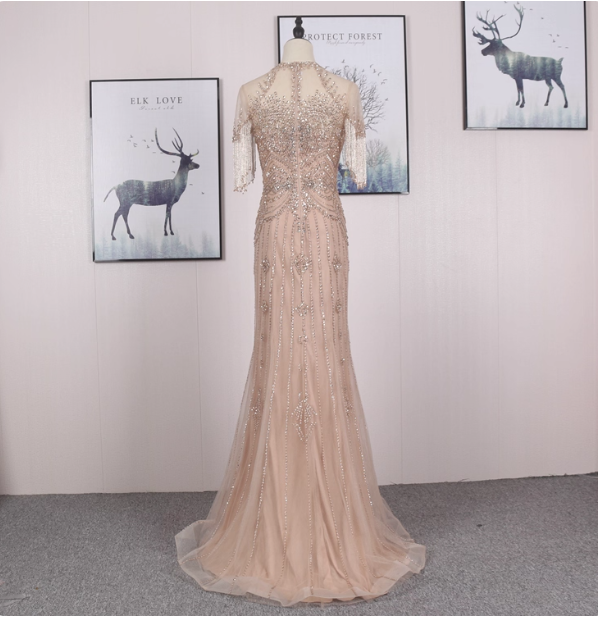 Gorgeous Nude Pink Mermaid Crew Neck Fringed Sleeve Beaded Tulle Train Classy Prom Dress