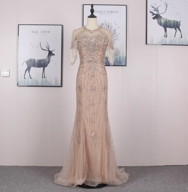 Gorgeous Nude Pink Mermaid Crew Neck Fringed Sleeve Beaded Tulle Train Classy Prom Dress