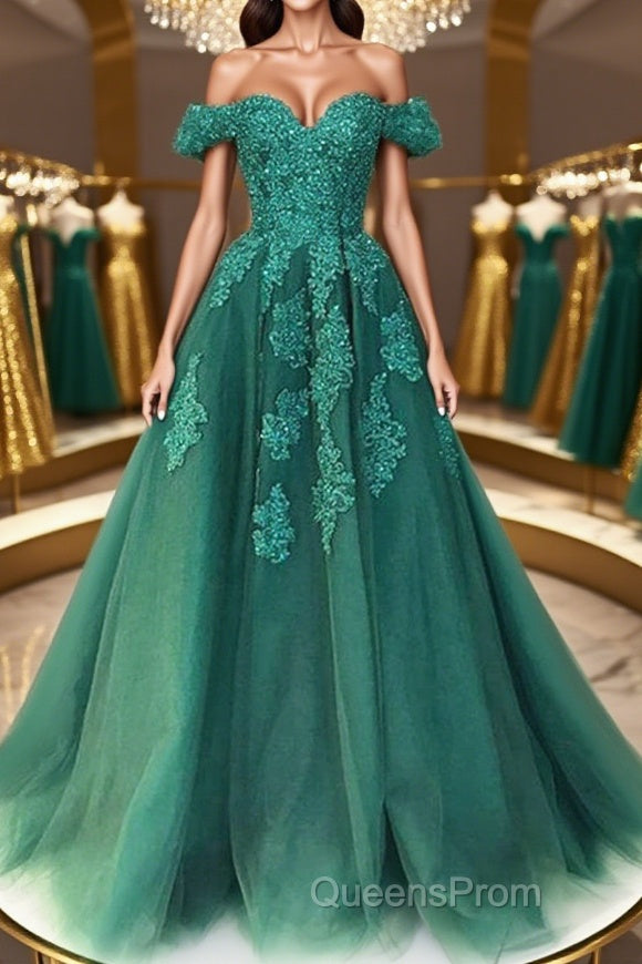 Gorgeous Off Shoulder Green Lace Long Evening Prom Dress, Green Lace Formal Evening Dress, Green Ball Gown Main image