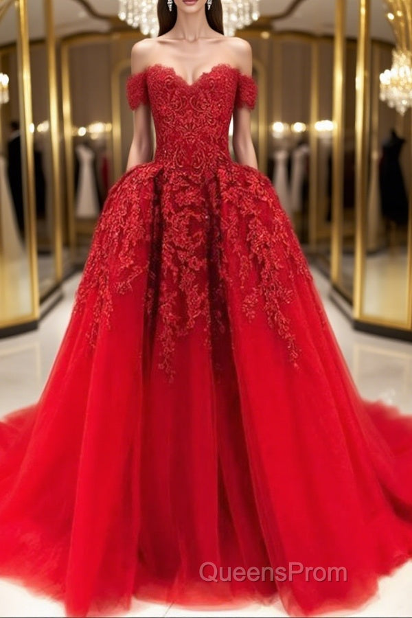 Gorgeous Off Shoulder Red Lace Long Evening Prom Dress, Red Lace Formal Evening Dress, Red Ball Gown Main image
