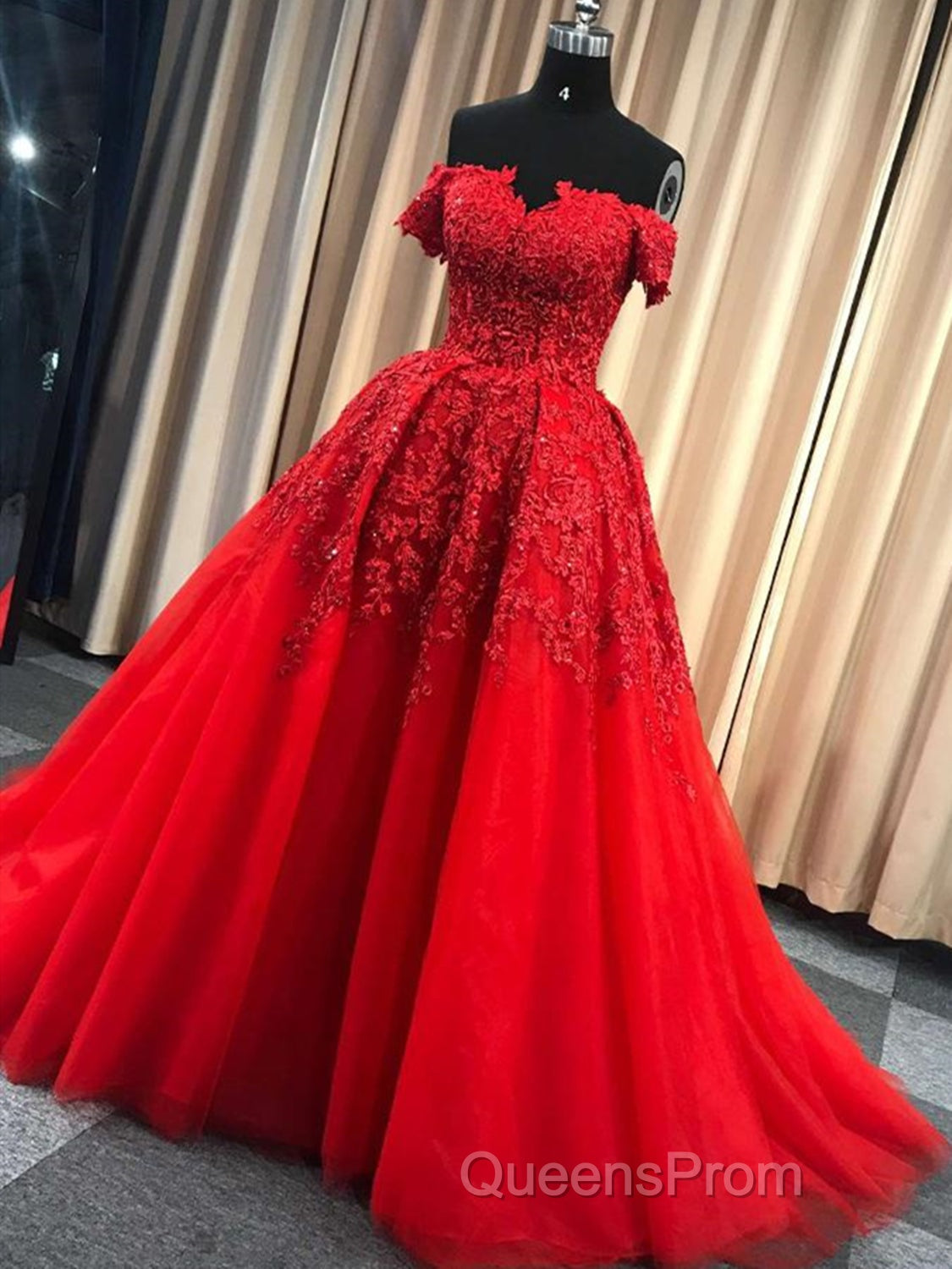 Gorgeous Off Shoulder Red Lace Long Evening Prom Dress, Red Lace Formal Evening Dress, Red Ball Gown Secondary image