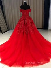 Gorgeous Off Shoulder Red Lace Long Evening Prom Dress, Red Lace Formal Evening Dress, Red Ball Gown