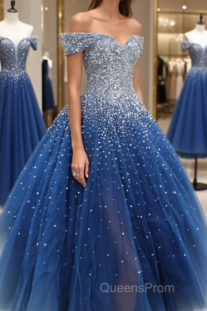 Gorgeous Off Shoulder Sequins Blue Long Evening Prom Dress, Shiny Sequins Blue Formal Evening Dress, Blue Ball Gown Main image
