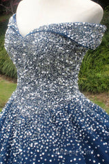 Gorgeous Off Shoulder Sequins Blue Long Evening Prom Dress, Shiny Sequins Blue Formal Evening Dress, Blue Ball Gown